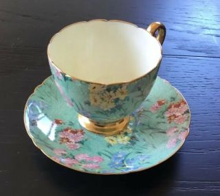 Vintage Shelley Melody Chintz Cup Saucer Set Green Flower Floral Footed Gold