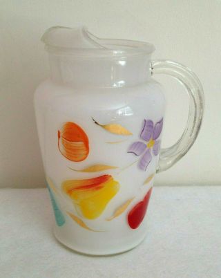 Vtg Bartlett Collins Painted Fruits Pitcher Gay Fad Small 7.  5 " Glass Beverage