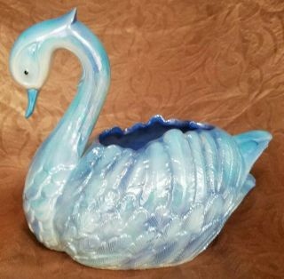 Vtg Large Blue Ceramic Lusterware Swan Planter/vase