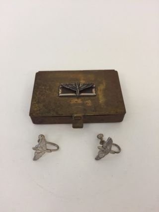 Vintage Ww2 Army Air Corps Sterling Sweetheart Wings Screw Earrings And Pill Box