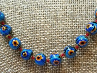Vintage Italian Murano Glass Bead Necklace Blue Floral Design Scb677