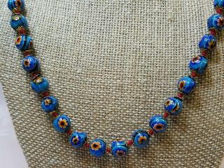 Vintage ITALIAN MURANO GLASS BEAD NECKLACE Blue Floral Design scb677 2