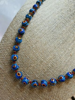Vintage ITALIAN MURANO GLASS BEAD NECKLACE Blue Floral Design scb677 3