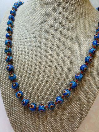 Vintage ITALIAN MURANO GLASS BEAD NECKLACE Blue Floral Design scb677 4