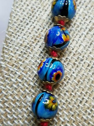 Vintage ITALIAN MURANO GLASS BEAD NECKLACE Blue Floral Design scb677 5