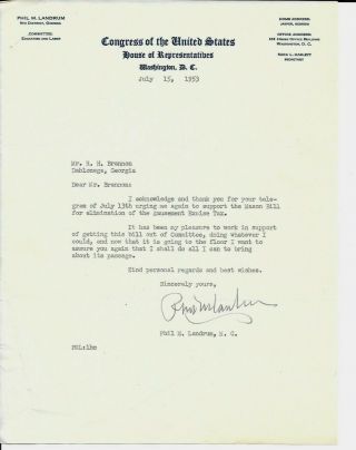 Vintage Congressman James C.  Davis 1953 Signed Letter Re Movie Tax
