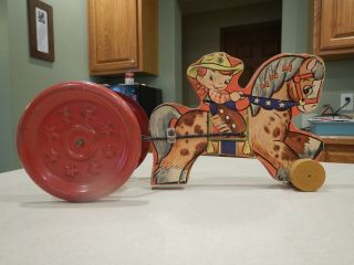 Vintage Gong Bell Pull Toy Wood Cowboy And Pony Horse 1940