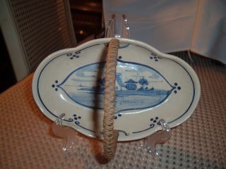 Vintage Oval Delft Windmill Scene Basket With Wicker Covered Metal Handle