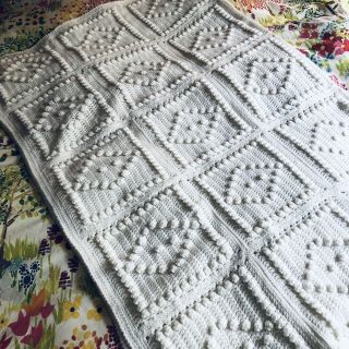 Vintage Handmade Knit Crochet White Afghan 74 X 58 Blanket Pom Pom Diamond Throw