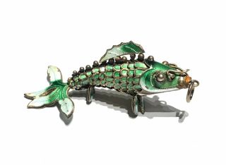 Vtg Chinese Export Silver Green Enamel Articulated Fish Pendant 2”