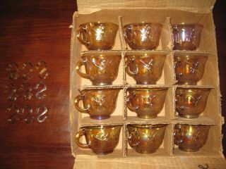 Vtg Indiana Carnival Glass Punch Bowl Cups 12 & 9 Hooks Princess Amber Gold 7447