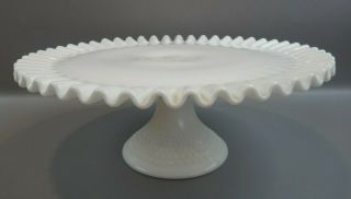 Vtg Fenton White Milk Glass Hobnail Pedestal Cake Plate Stand Ruffled Edge
