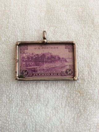 Vintage Handmade Sterling Silver (925) Pendant With 3 Cent Stamp Of Puerto Rico