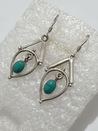 Fine Vintage Turquoise Stone Solid Silver Drop Earring Marked 925 Solid Silver