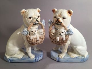 Vintage Pair Ff Fitz & Floyd Bookends Staffordshire Dogs With Baskets Of Puppies