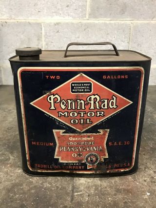 Vintage 1935 Penn - Rad Motor Oil 2 Gallon Can Gas Oil Pennsylvania Pa Penn Rad