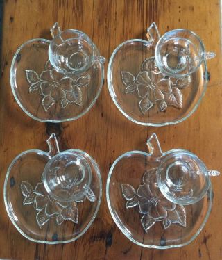 Vintage Apple Blossom 4 Breakfast / Lunch Plates And 4 Cups,  Clear Embossed F
