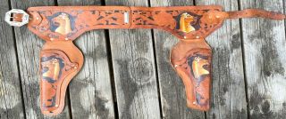 Vintage Western Themed Leather Cap Gun Holster With Horses Top Grain Cowhide