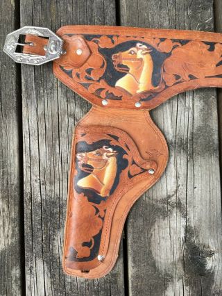 Vintage Western Themed Leather Cap Gun Holster with Horses Top Grain Cowhide 2