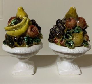 Pair Vtg Mid - Century Majolica Ceramic 5” Fruit Topiaries By Inarco Japan E - 2516