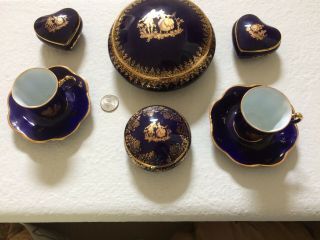 Vintage Limoges France Cobalt Blue Set Of (4) Trinket Boxes,  2 Tea Cups