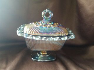 Vintage Indiana Carnival Glass Lace Edge Iridescent Blue Pedestal Covered Dish