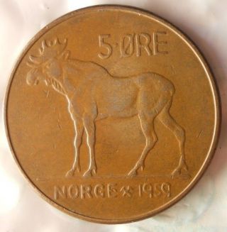 1959 Norway 5 Ore - Vintage Coin - - Norway Bin 4