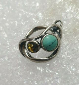 Fine Vintage Turquoise & Amber Pendant Marked 925 Solid Sterling Silver