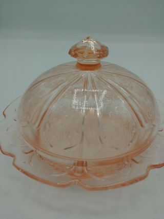 Vintage Cherry Blossom Pattern Pink Depression Glass Butter Dish & Cover Round