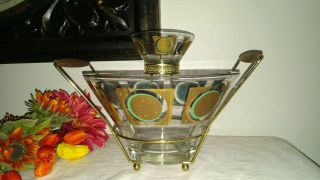 Vintage Mid Century Glass - Chip And Dip Bowls With Teak Metal Stand By Pasinski