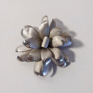 Vintage Metal Jewelry Layered Textured Silver Tone Flower Brooch Pin Repoussé