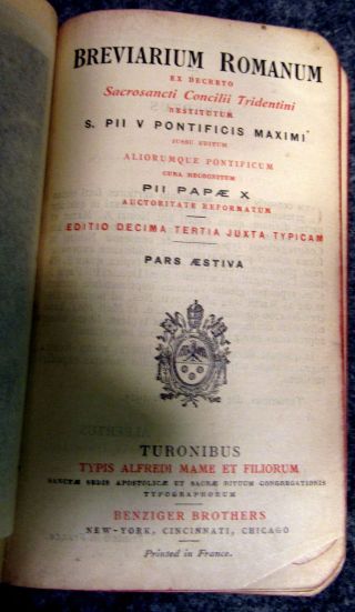 1923 Breviarium Romanum Pars Astiva Printed In France - Latin - Leatherbound