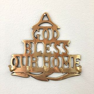 Vintage Brass Key Holder God Bless Our Home 6 " Wall Hanging Home Decor 5 Hooks