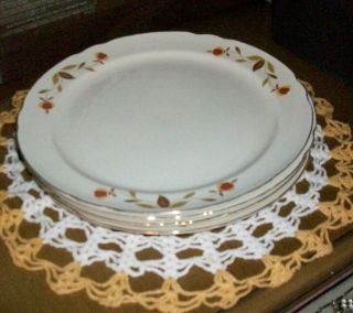 Set 4 Vintage Hall Jewel Tea Autumn Leaf 10 " Dinner Plates Gold Ruffled Rims