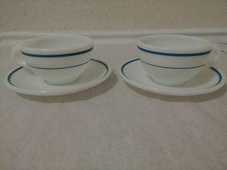 2 Vintage Tea Cup/saucer Anchor Hocking Anchorware Milk White Blue Stripes
