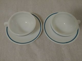 2 vintage tea cup/saucer ANCHOR HOCKING Anchorware milk white blue stripes 2