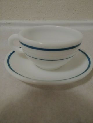 2 vintage tea cup/saucer ANCHOR HOCKING Anchorware milk white blue stripes 3