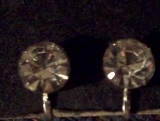 Vintage 1940 ' s? Coro Signed Silver Tn Glass? Rhinestone Solitaire SB Earrings 2