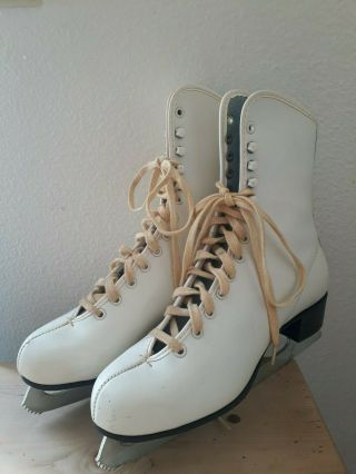 Vintage Brookfield White Ice Skates For Winter Decoration Or Sporting Display