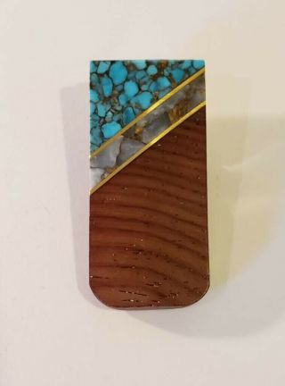 Vintage Southwestern Brass Wood And Turquoise Money Clip