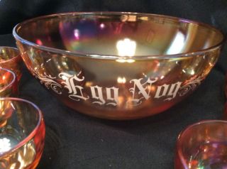 Vtg.  Jeannette Glass Marigold Carnival Glass Christmas Egg Nog Set Bowl & 6 Cups 2