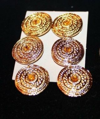 Vintage Avon Triple Swirl Pierced Earrings Goldtone Dangle & Yellow Crystal Nib