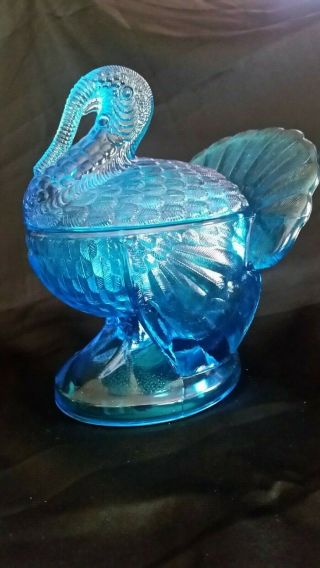 Vtg Blue L E Smith Pressed Glass Turkey Lidded Dish Bowl