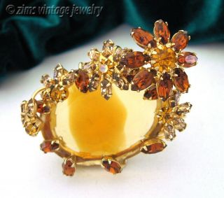 Vintage Alice Caviness Gold Amber Topaz Rhinestone Floral Art Glass Pin Brooch