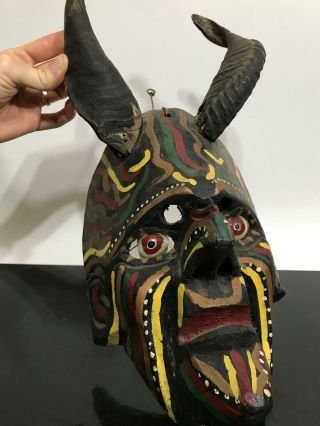 Vtg Mexican Panted Wood Glass Eyes Diablo Devil Folk Art Mask Sculpture W/horns