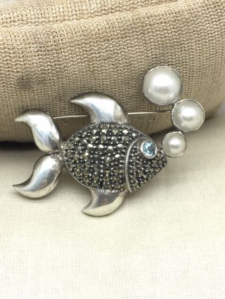 Vintage Judith Jack Sterling Marcasite Faux Pearl Whimsical Fish Pin - Brooch B2