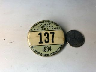 1934 Jersey Non Resident And Alien ' s Hunting & Fishing License Pin Badge NJ 2