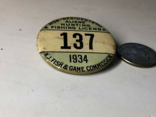 1934 Jersey Non Resident And Alien ' s Hunting & Fishing License Pin Badge NJ 3