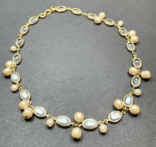Vintage Necklace Choker 16” Long Clear Art Glass Faux Pearls Gold Tone