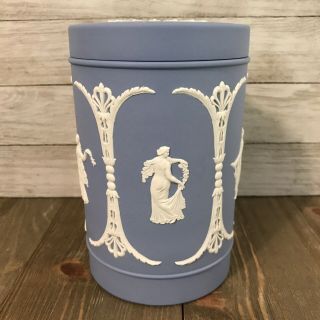Vintage Wedgwood Jasperware Blue Jar Tea Canister With Lid Tall 5.  75 "
